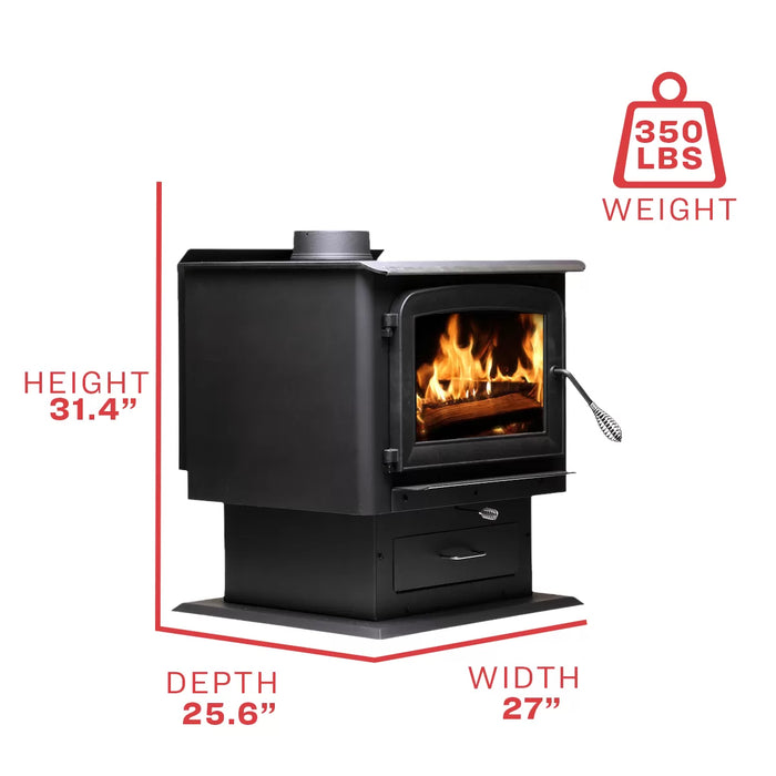 Ashley Hearth AW2520E-P 2,500 Sq Ft EPA Wood Stove with Pedestal — dimensions