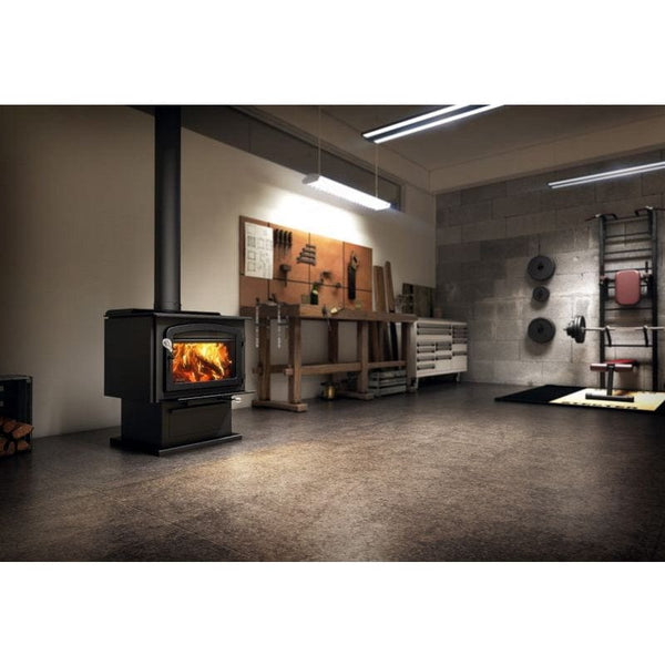 Drolet Escape 2100 wood stove, EPA 2020 Certified, in a modern workshop setting