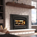Close view of the Enerzone Destination 2.7 wood insert cast iron faceplate and glass door with a fire burning
