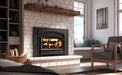 Enerzone Destination 2.7 wood insert with a fire burning, installed in a whitewashed brick fireplace with a reclaimed timber mantel and window seat