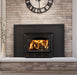 Close view of the Enerzone Solution 3.5 wood insert arched glass door and lower louver panel with a fire burning
