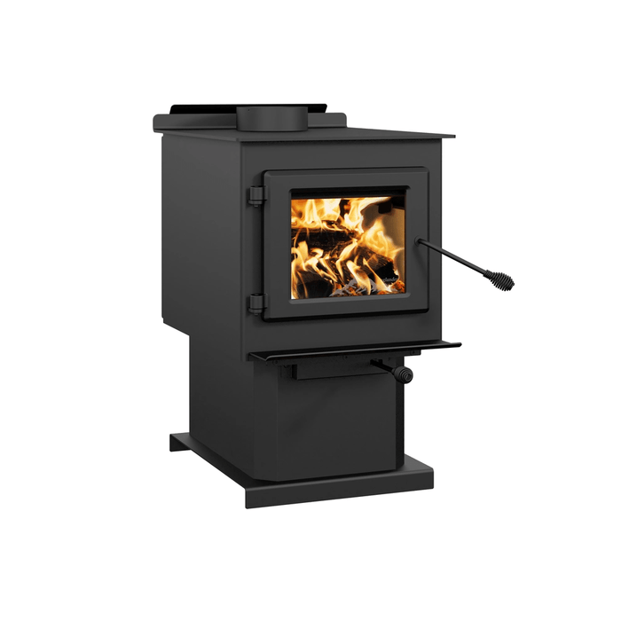 Englander Blue Ridge 100 N wood stove, left three-quarter view on pedestal