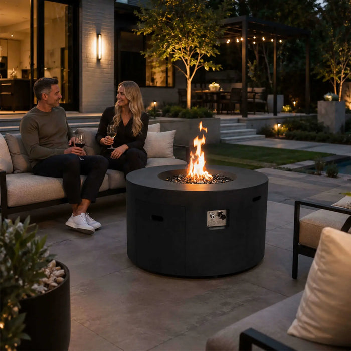 Flame Havens Refuge 43" Round Propane Fire Pit, 24" Tall, Tank Drawer