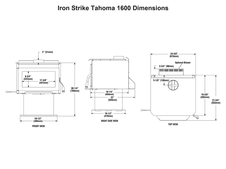 Iron Strike Tahoma 1600 Wood Stove dimensions - front, side and top views