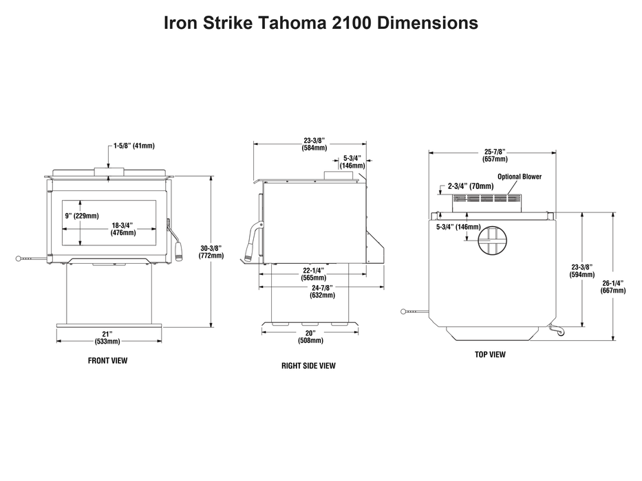 Iron Strike Tahoma 2100 Wood Stove dimensions - front, side and top views
