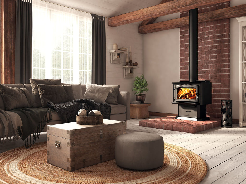 Osburn 1700 Wood Stove on pedestal with black door overlay