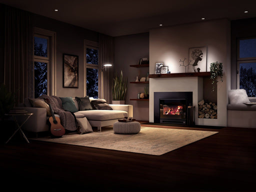 Osburn Inspire 2000-I Wood Insert installed in a masonry fireplace opening