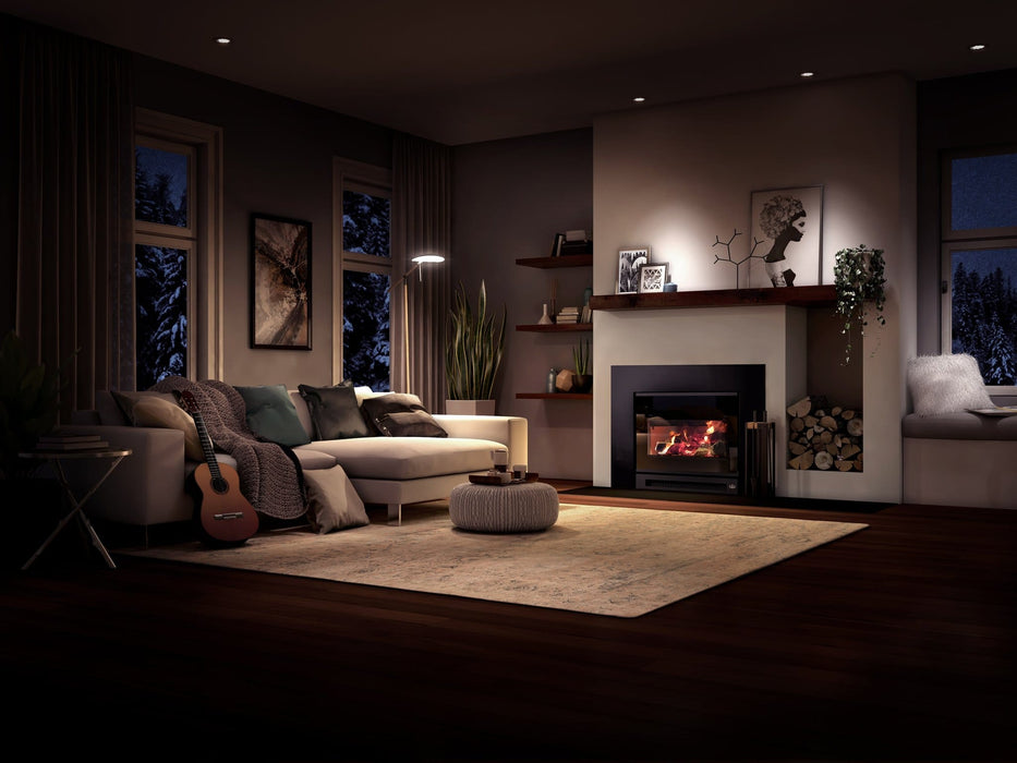 Osburn Inspire 2000-I Wood Insert installed in a masonry fireplace opening