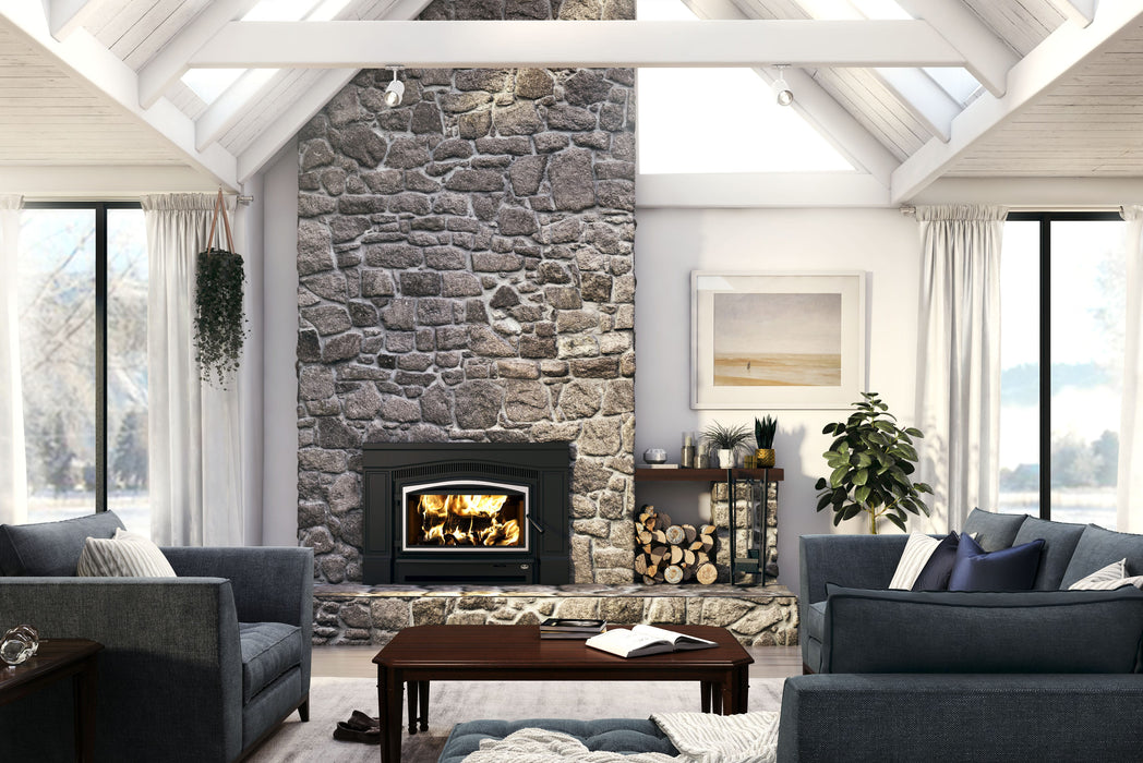 Osburn Matrix 2700 Wood Insert (OB02700) installed in a masonry fireplace
