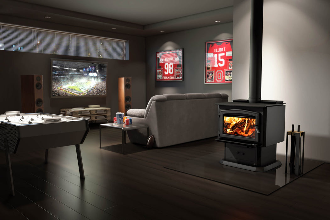 Osburn 3500 Wood Stove with blower and black door overlay