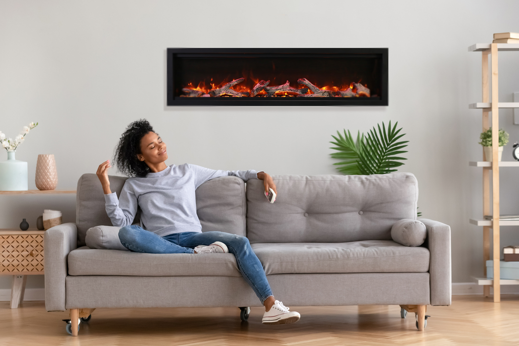 Amantii Symmetry BESPOKE Electric Fireplace – Built-in with log and glass and black steel surround