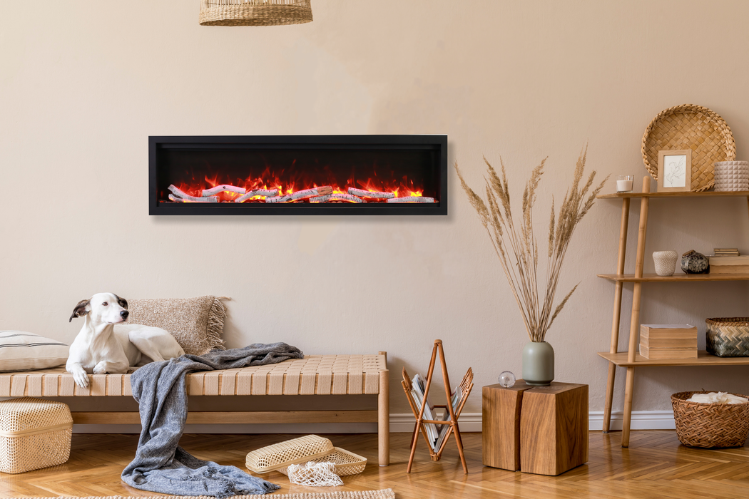 Amantii Symmetry BESPOKE Electric Fireplace – Built-in with log and glass and black steel surround